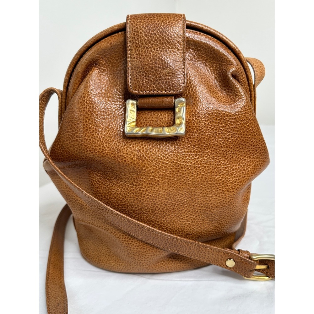 Vintage Cognac Pebbled Leather Crossbody Bucket Bag Gold Hammered Buckle Brown